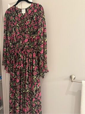 Misa Los Angeles Black Floral Maxi Dress with Pink & Green Print